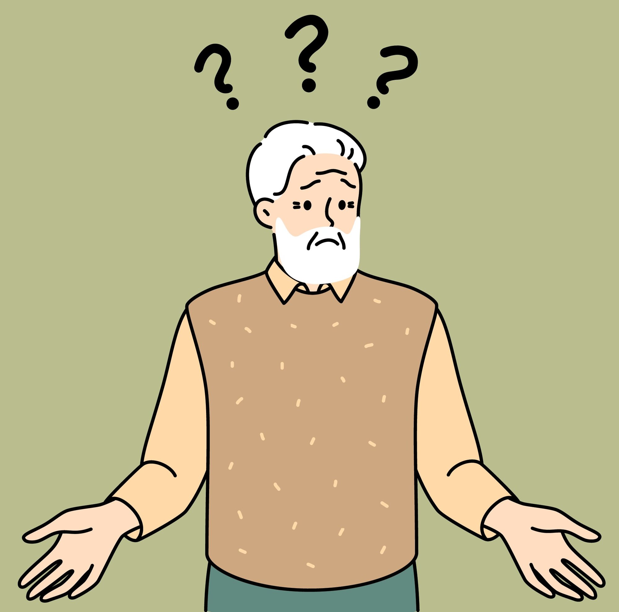 Illustrasjonen viser en eldre mann med spørsmålstegn over hodet.