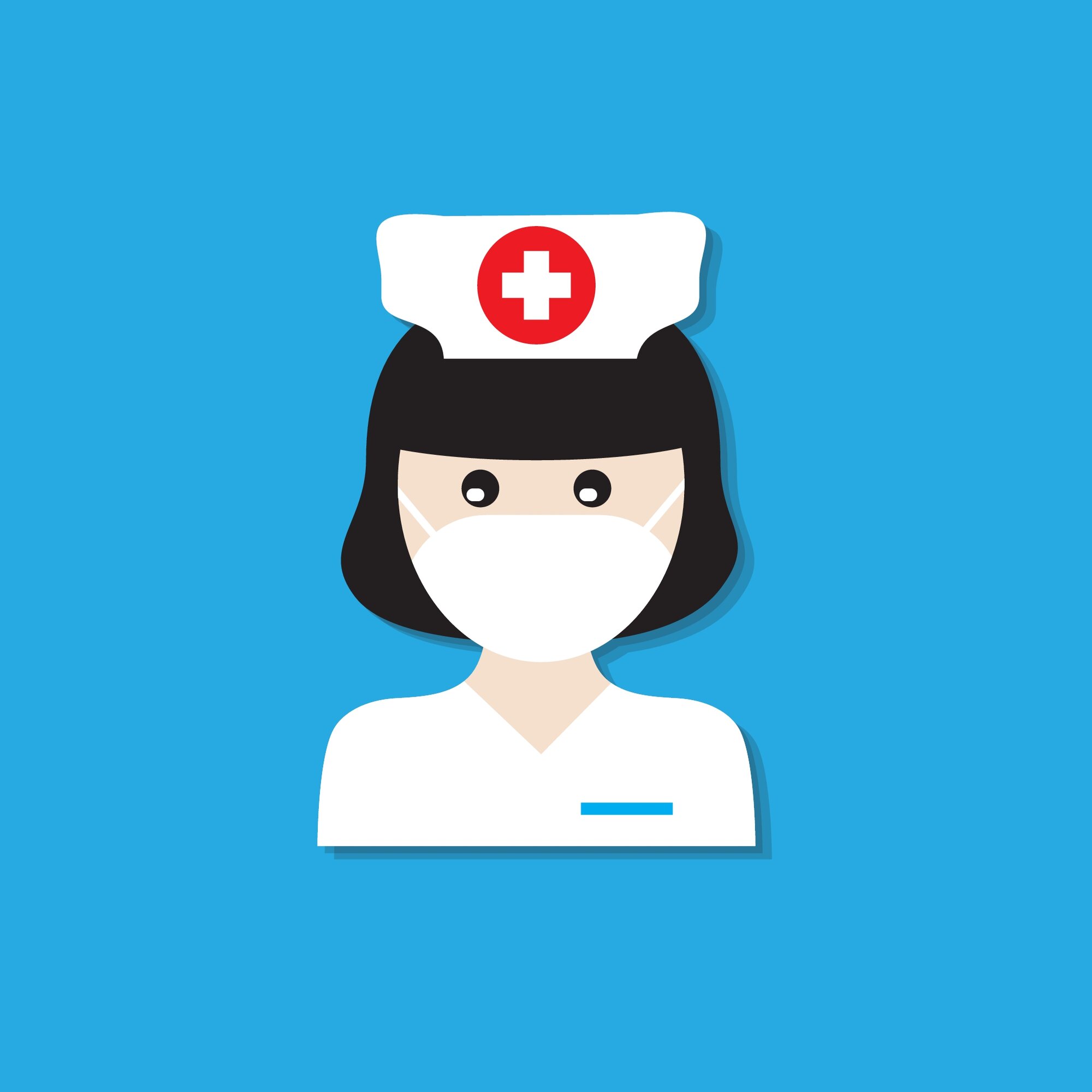 Illustrasjonen viser en sykepleier med munnbind og kutte, mot blå bakgrunn.