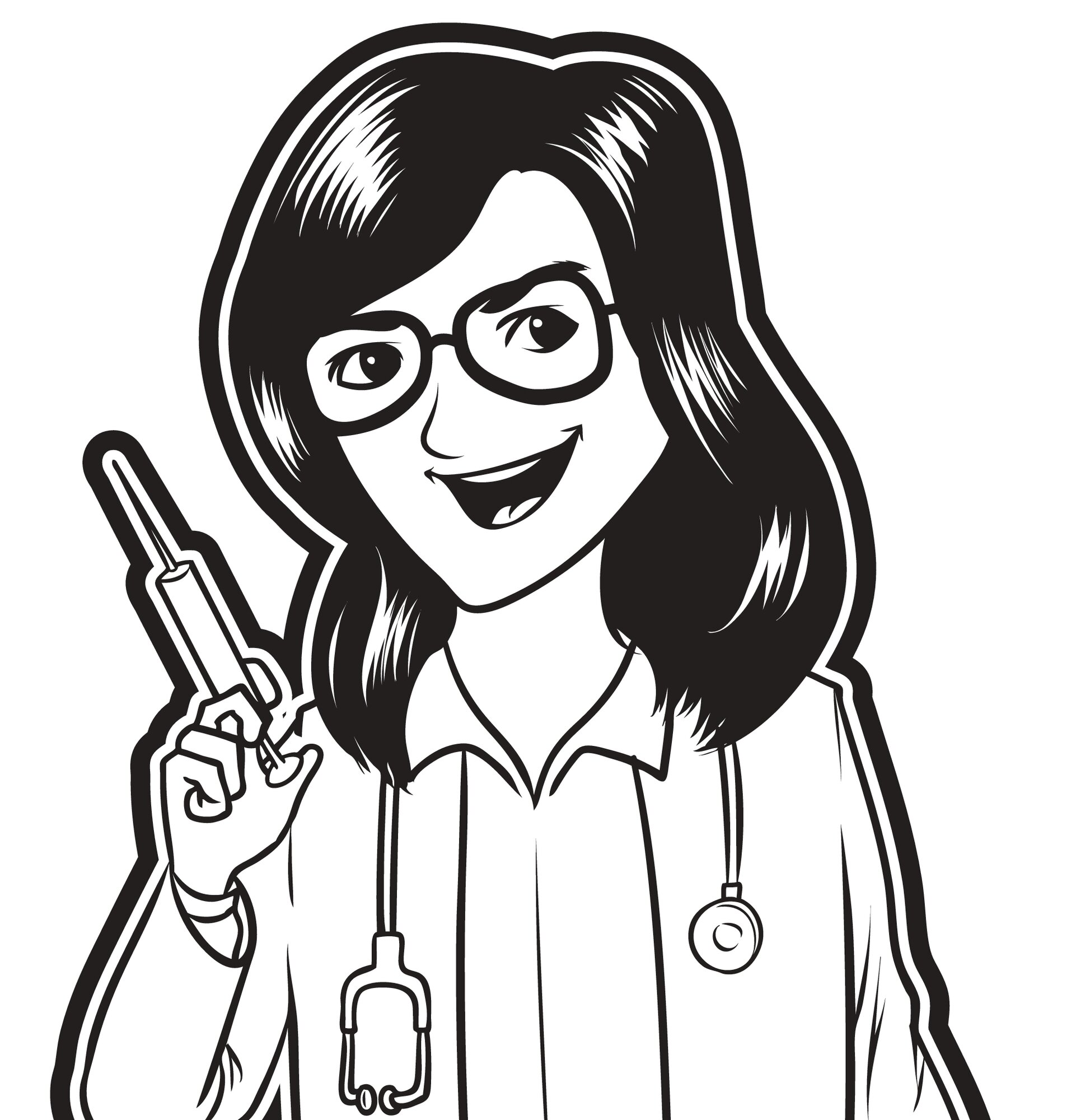 Illustrasjonen viser en sykepleier som smiler offensivt og står klar med en sprøyte.
