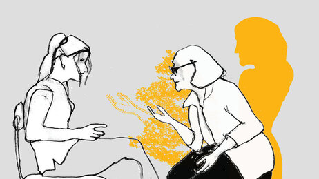 Illustrasjonen viser to kvinner i en samtale
