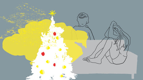 Bildet viser en tegning av et juletre og to barn