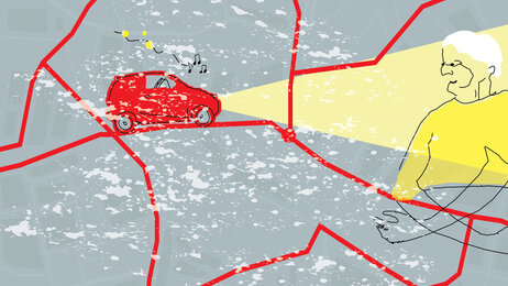 Bildet viser en tegning av en rød bil som kjører på kryss og tvers i snøvær