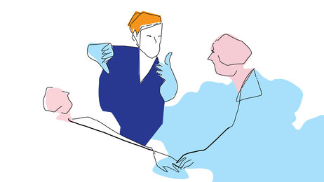 Illustrasjonen viser en pasient som ligger i sengen. Over står en sykepleier og en pårørende
