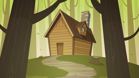 Illustrasjonen viser en hytte i en skog.