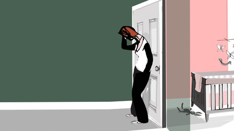 Illustrasjonen viser en deprimert mor som står utenfor barnerommet.