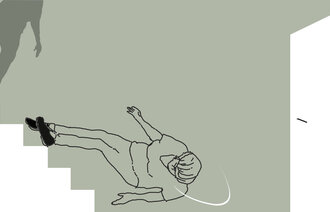 Illustrasjonen viser en eldre mann som faller ned en trapp