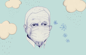 Illustrasjonen viser en eldre mann med munnbind. I bakgrunnen er det  skyer med regndråper og snøkrystaller som likner koronaviruset