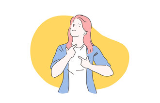 Illustrasjonen viser en kvinne som peker mot halsen sin.
