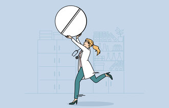 Illustrasjonen viser en helsearbeider som løper med en pille.