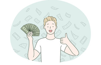 Illustrasjonen viser en ung gutt med mange pengesedler i hånden.