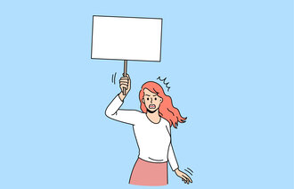 Illustrasjonen viser en kvinne med en plakat.