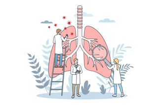 Illustrasjonen viser tre leger som studerer en stor lunge.