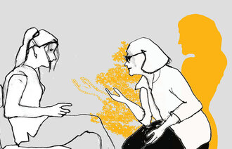 Illustrasjonen viser to kvinner i en samtale