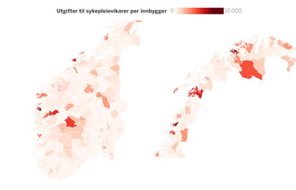 norgeskart med farger som viser sykepleievikarbruken