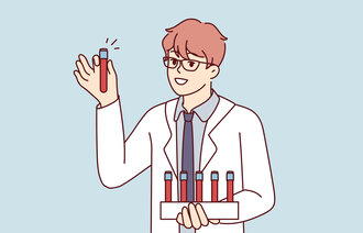 Illustrasjonen viser en helsearbeider med prøveglass med blod.