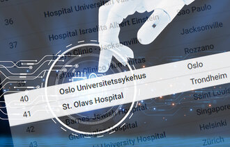 Illustrasjonen viser en robothånd og en liste over de "smarteste" sykehusene.