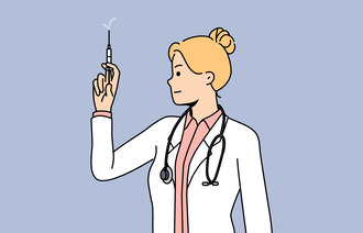 Illustrasjonen viser en kvinnelig helsearbeider med en sprøyte.