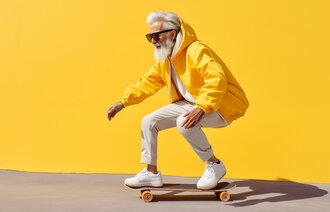 Bildet viser eldre mann på skateboard