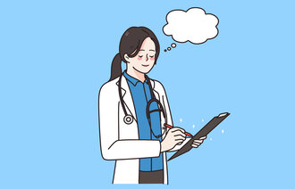 Illustrasjonen viser en kvinnelig helsearbeider som skriver i journal.