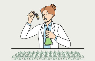 Illustrasjonen viser en labarbeider som forsker på planter.