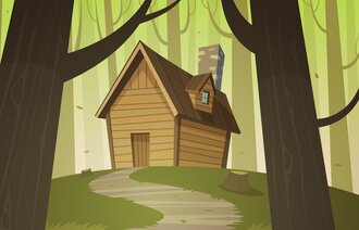 Illustrasjonen viser en hytte i en skog.