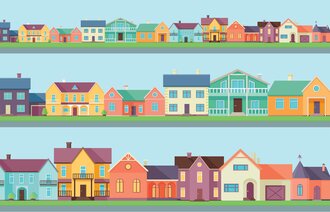 Illustrasjonen viser hus i forskjellige størrelser og farger.