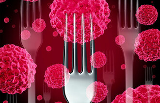 Illustrasjonen viser en gaffel med kreftceller på.