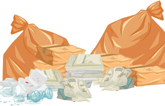Illustrasjonen viser noen søppelsekker og stabler med papirer, bøker og litt annet søppel.