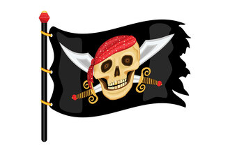 Illustrasjonen viser et svart sjørøverflagg med en hodeskalle med to kniver i kryss bak hodet.