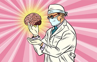 Bildet viser en lege med en hjerne i hånden, i tegneseriestil.