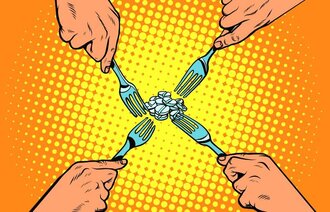 Bildet viser en tegning av fire hender med hver sin gaffel og en haug med piller i tegneseriestil.