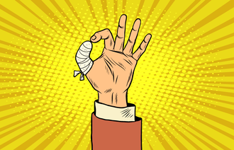 Bildet viser en bandasjert finger i tegneserie-stil.