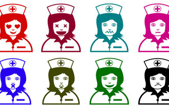 Illustrasjonen viser en rad med nesten identiske sykepleiere med forskjellige ansiktsuttrykk