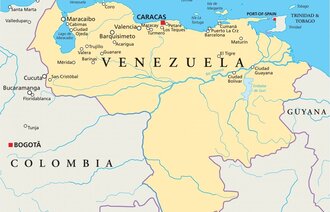 Kart over Sør-Amerika hvor Venezuela er fremhevet