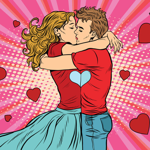 Illustrasjonen viser en gutt og en jente som kysser.