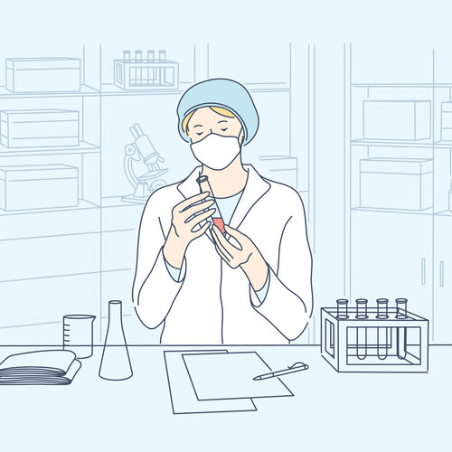 Illustrasjonen viser en helsearbeider som analyserer blodprøver.