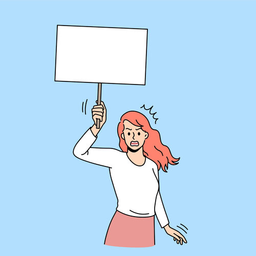 Illustrasjonen viser en kvinne med en plakat.