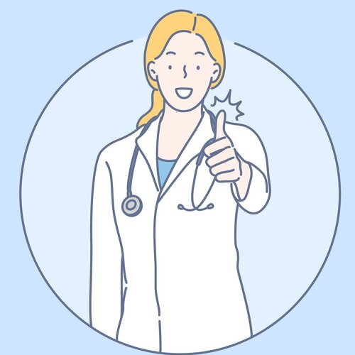 Illustrasjonen viser en kvinnelig helsearbeider som smiler og holder tommelen opp.
