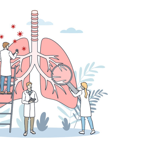 Illustrasjonen viser tre leger som studerer en stor lunge.
