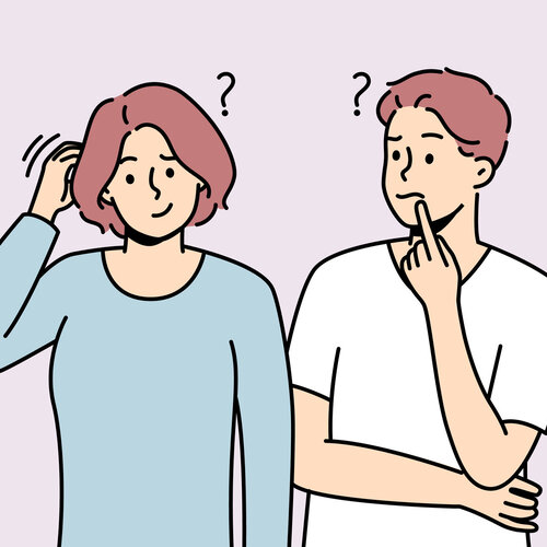 Illustrasjonen viser en kvinne og en mann med spørsmålstegn.