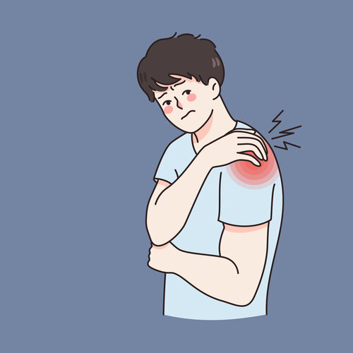 Illustrasjonen viser en mann med vondt i skulder.