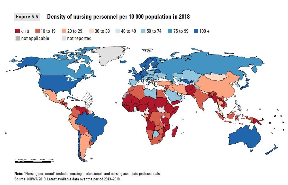 bildet viser kart som viser sykepleiertettheten i verden