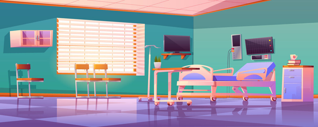 Illustrasjonen viser et sykehusrom.