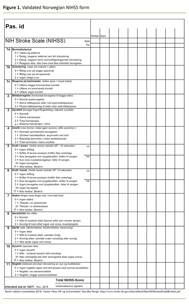 Figure 1. Validated Norwegian NIHSS form 