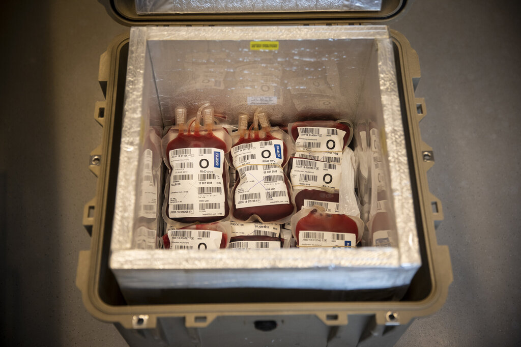 Bildet viser poser med blod i en oppbevaringsboks.