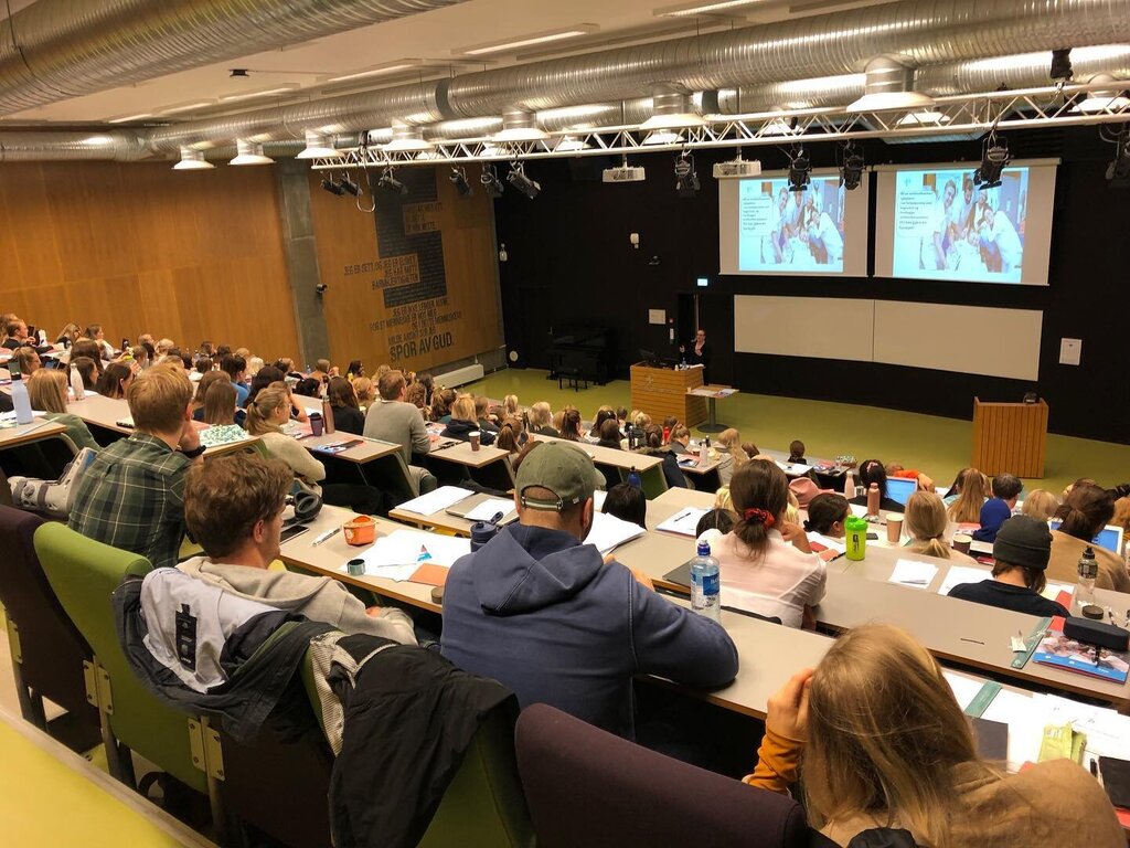 Bildet viser studenter som får undervisning i et auditorium.