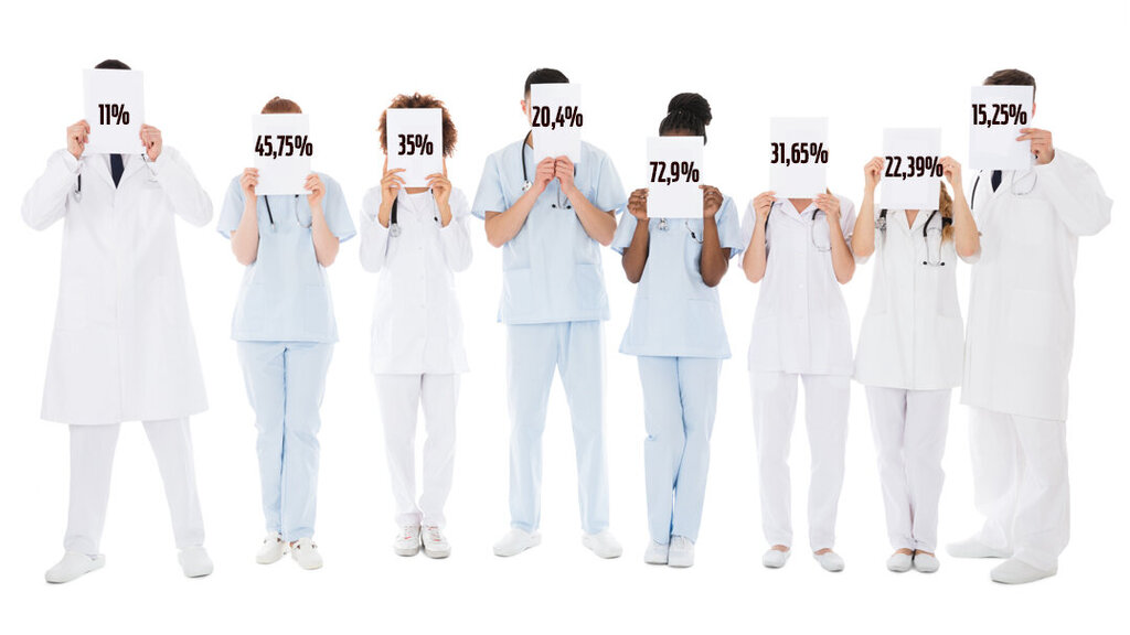 Bildet viser sykepleiere med plakater med prosenttall for små deltidsstillinger