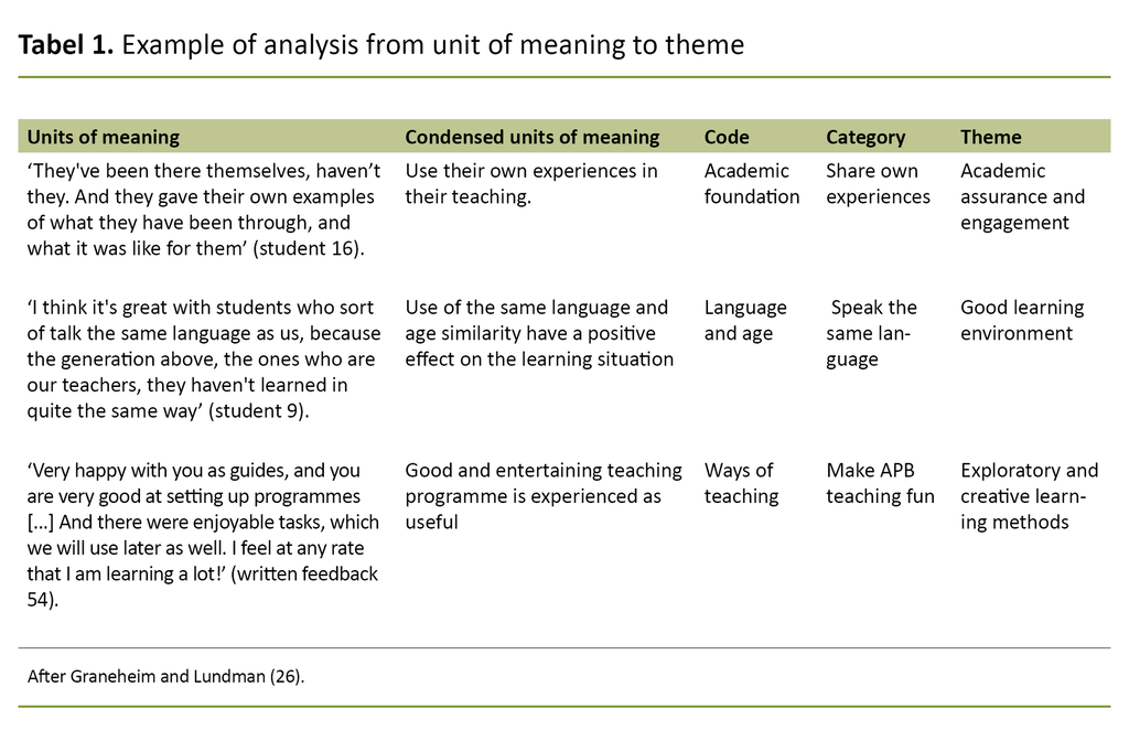 Table 1. Example of analysis from unit of meaning to theme 