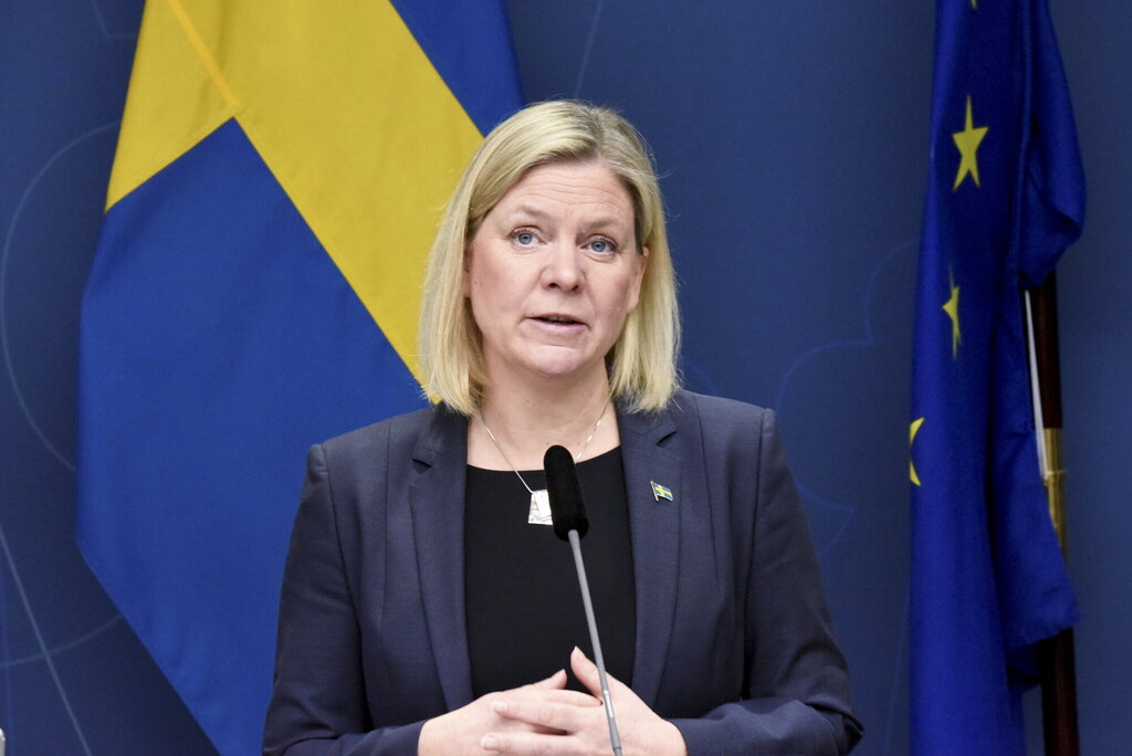 Statsminister i Sverige Magdalena Andersson (S) under en pressekonferanse om koronasituasjonen i Sverige. 