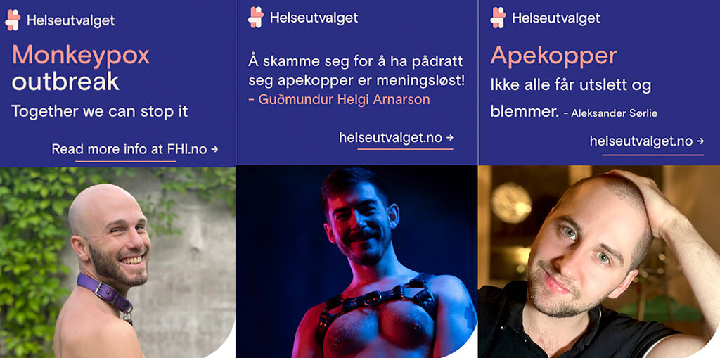 Bildet viser tre annonser som stiftelsen Helseutvalget har publisert på appen Grindr